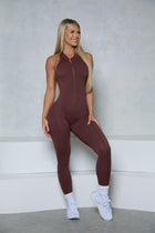Brown Sleeveless Zipper Scrunch Butt Jumpsuit