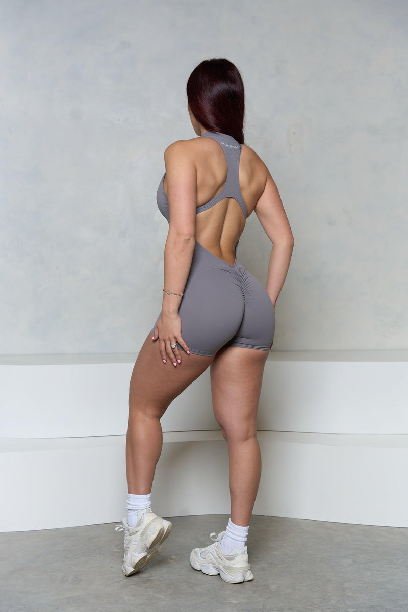 Grey Sleeveless Zipper Scrunch Butt Romper - Pcheebum