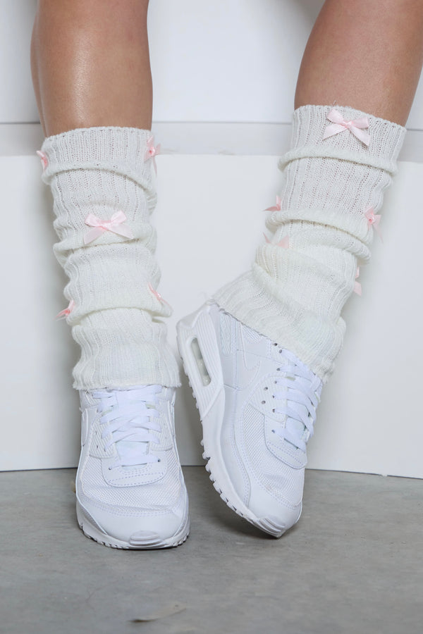 Ivory and Pink Bow Leg Warmers