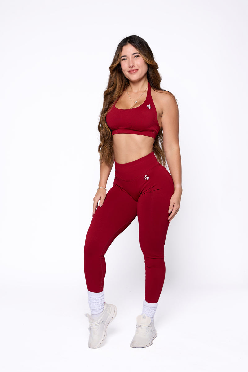 Cherry Red Shaping Scrunch Butt Leggings — back view showing compression shaping