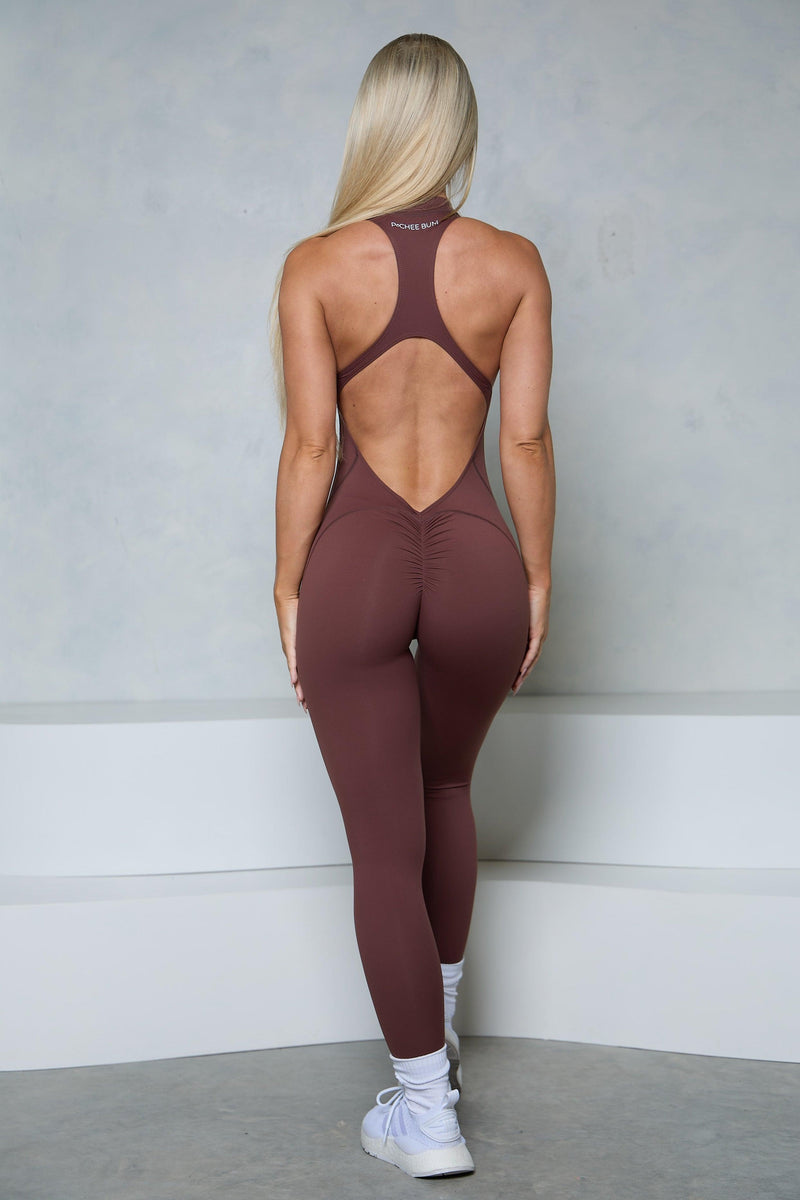 Brown Sleeveless Zipper Scrunch Butt Jumpsuit — back view showing sleeveless cut