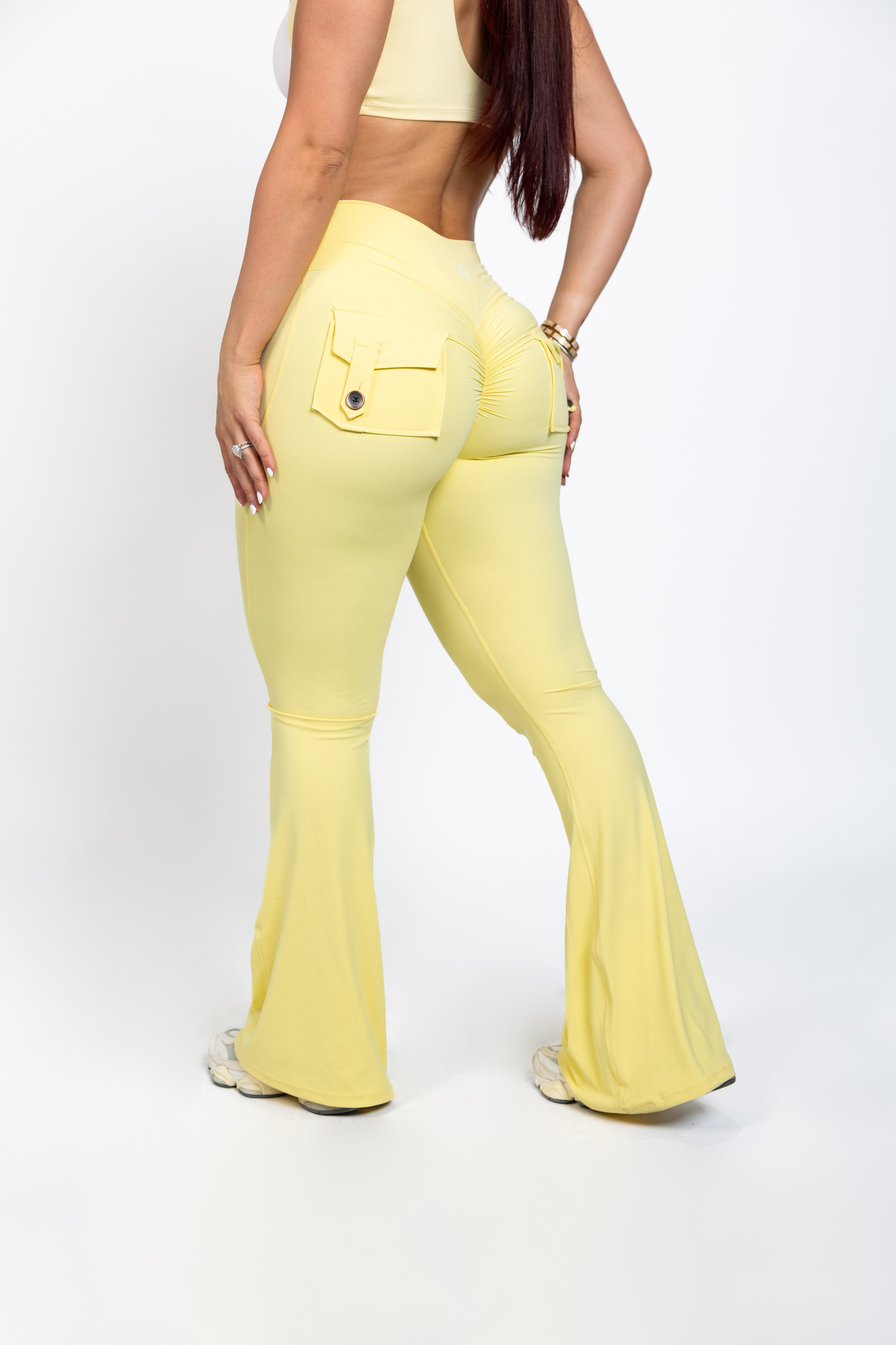 Butter Yellow Pocket Flare Scrunch Butt Pants