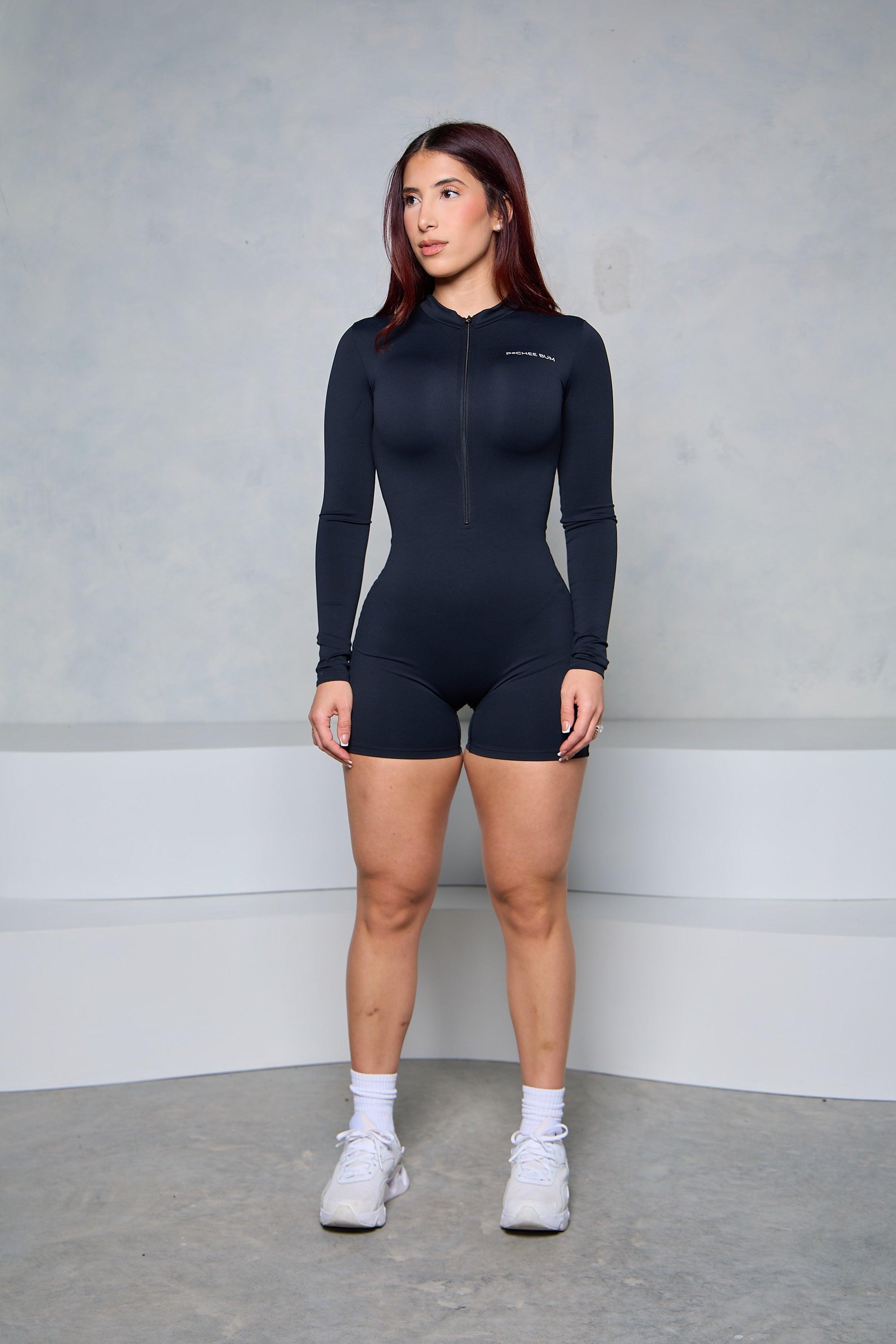 Black Long Sleeve Zipper Romper - Pcheebum