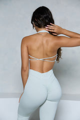 Light Mint Backless Twist Halter Sports Bra