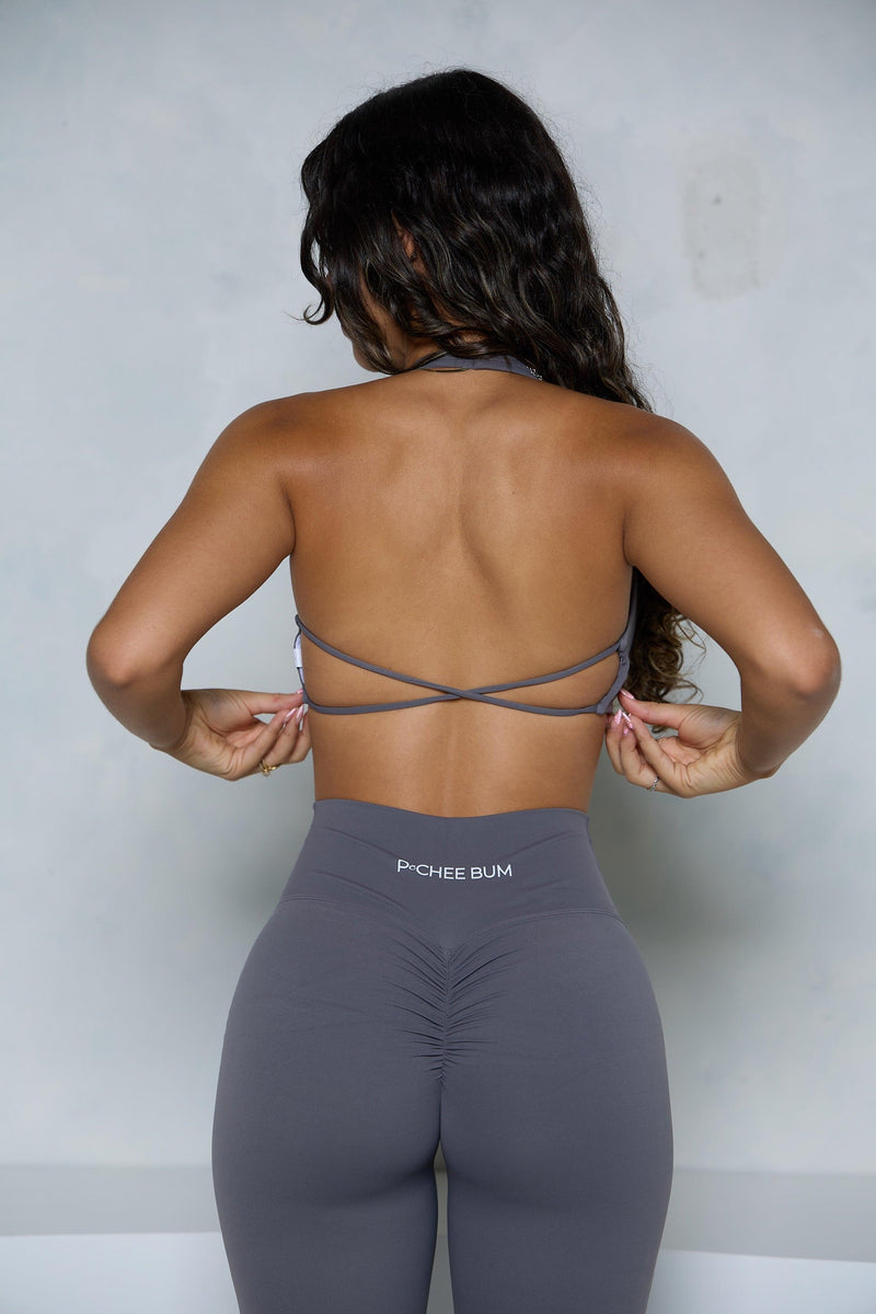 Grey Backless Twist Halter Sports Bra