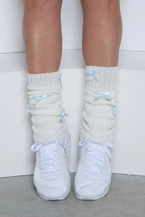 Ivory and Blue Bow Leg Warmers