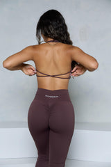 Brown Backless Halter Twist Sports Bra