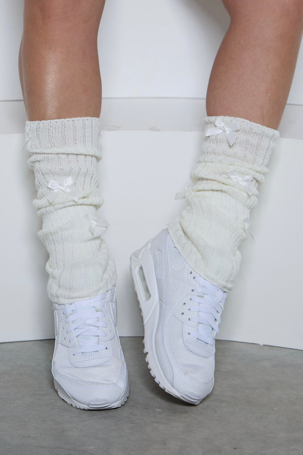 Ivory and White Bow Leg Warmers