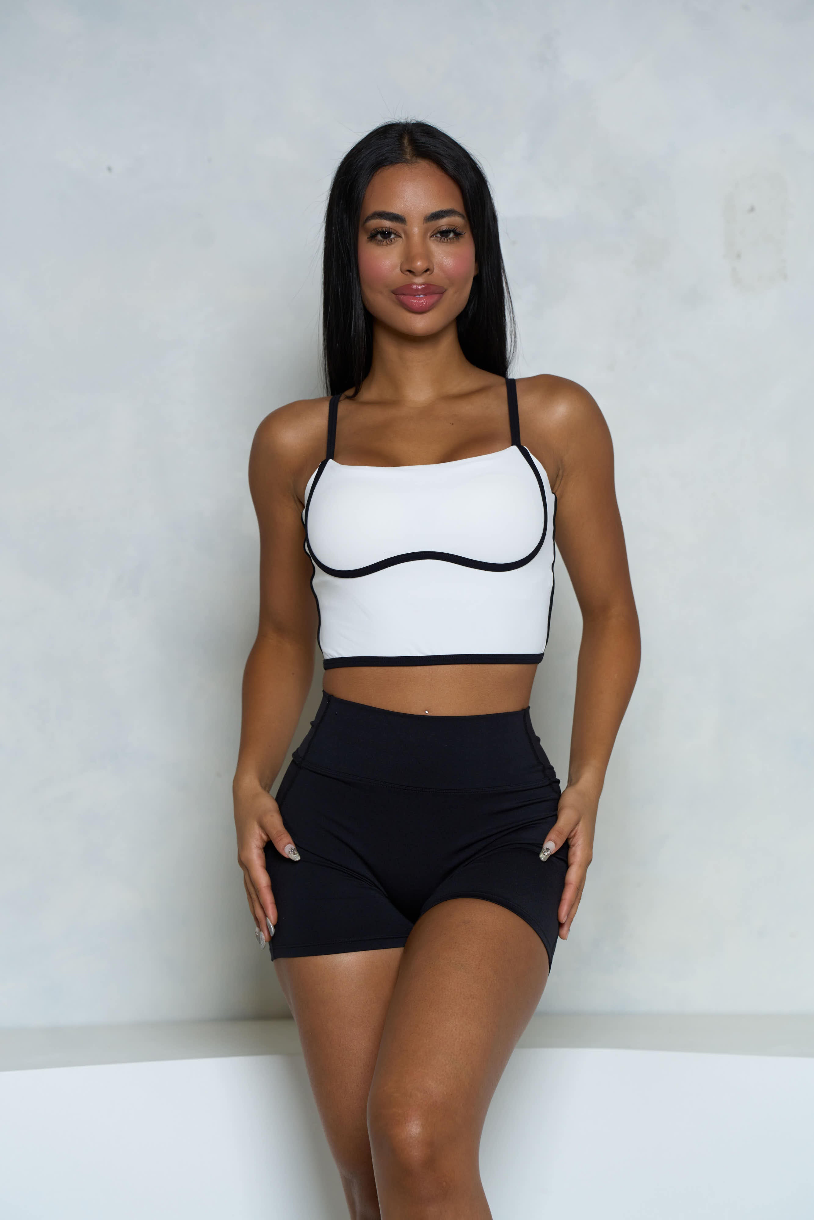 White and Black Wavy Hem Crop Tank