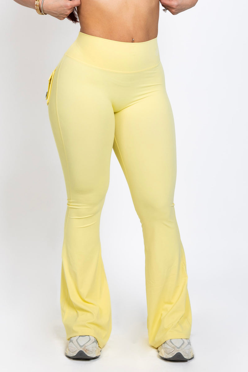 Butter Yellow Pocket Flare Scrunch Butt Pants