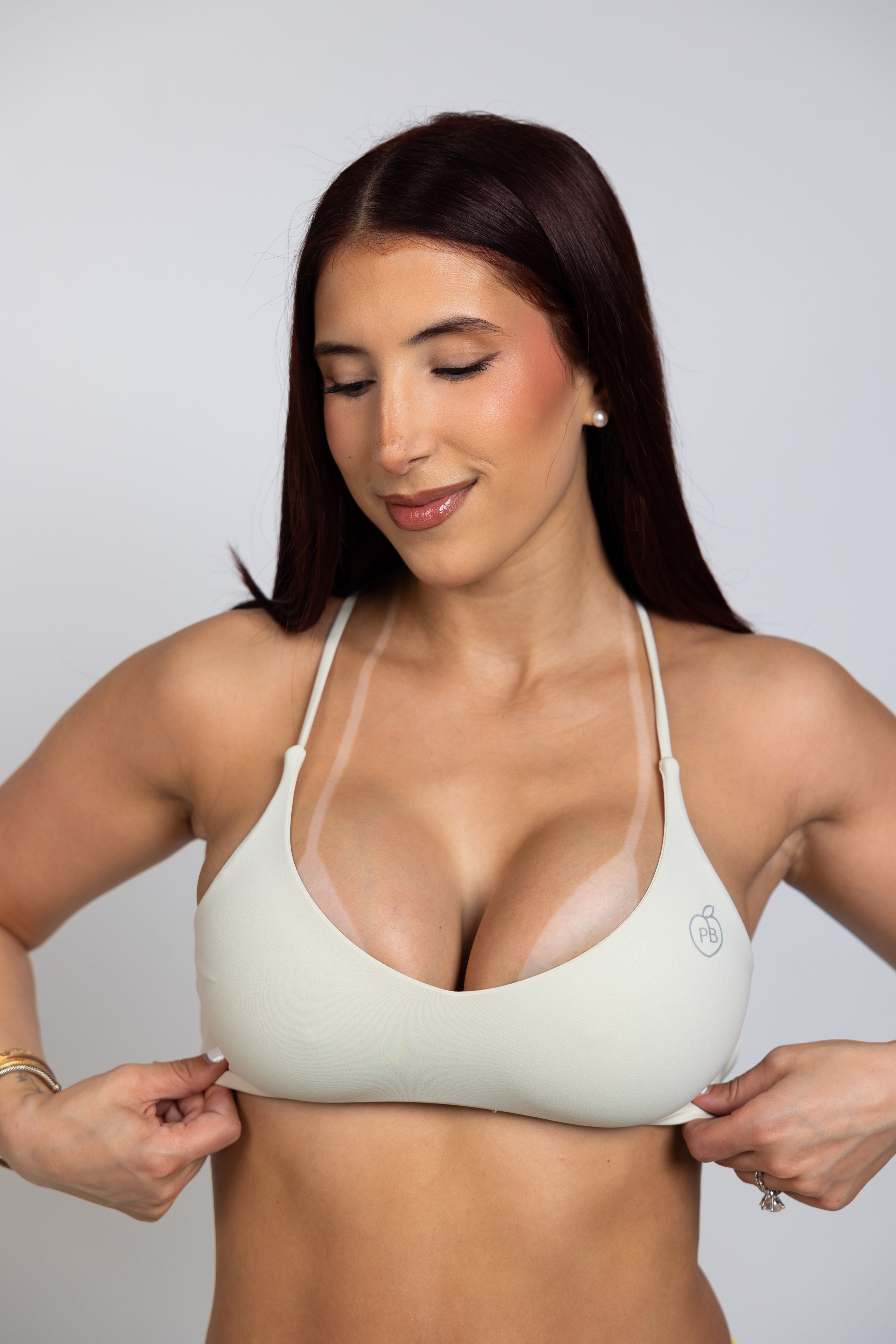 Cream Strappy V-Neck Sports Bra