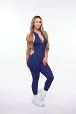Navy and White Sleeveless Zipper Scrunch Butt Jumpsuit