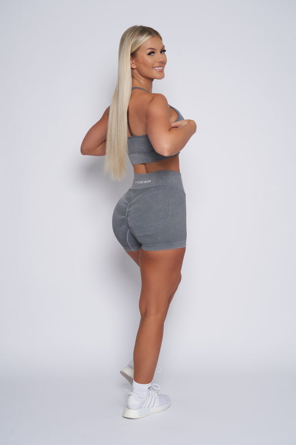 Grey Ribbed Washed Sports Bra and Short Set