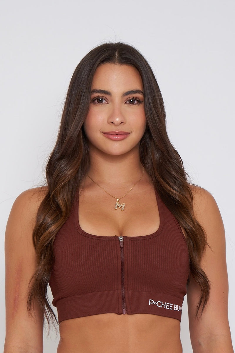 Brown Ribbed Zipper Crop Tank