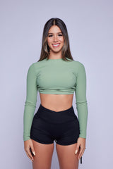 Green Ribbed Open Back Long Sleeve
