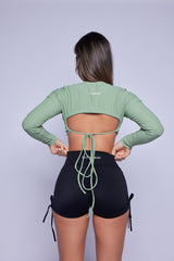 Green Ribbed Open Back Long Sleeve