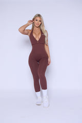 Brown Halter Scrunch Butt Jumpsuit