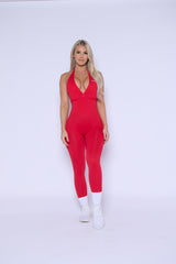 Red Halter Scrunch Butt Jumpsuit