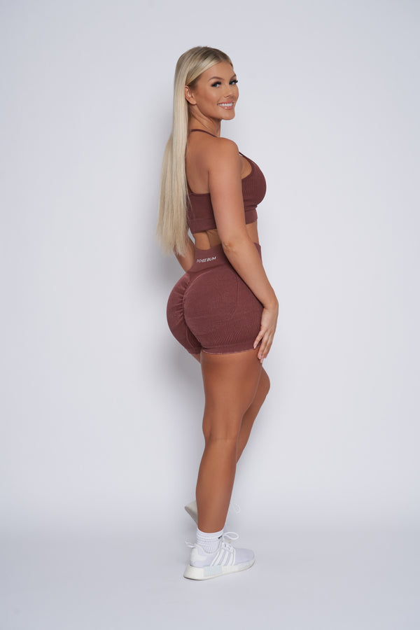 Rust Ribbed Washed Sports Bra and Short Set