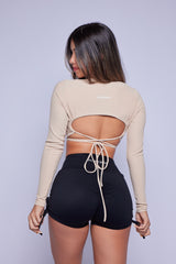 Nude Ribbed Open Back Long Sleeve