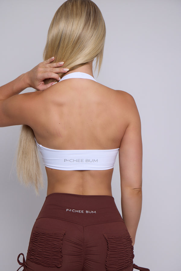 White Halter Twist Sports Bra