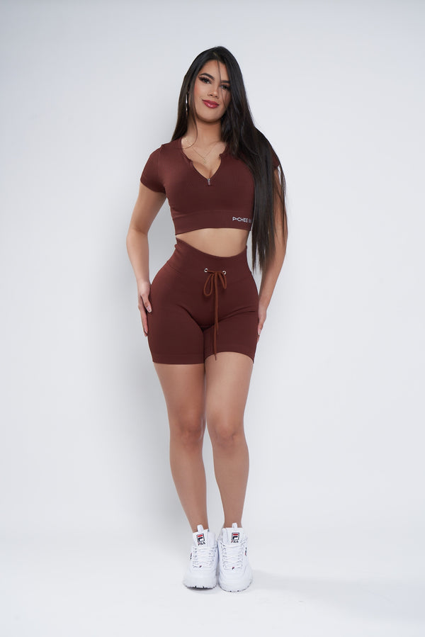 Brown Ribbed Crop Top and Short Set